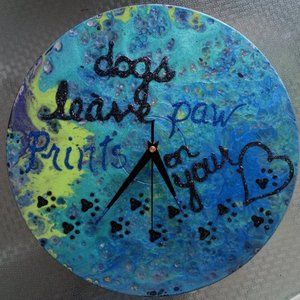 Hand Vinyl Record Painted Pet Dog Clock Acrylic Pour Fluid Wall Art Home Cerule…
